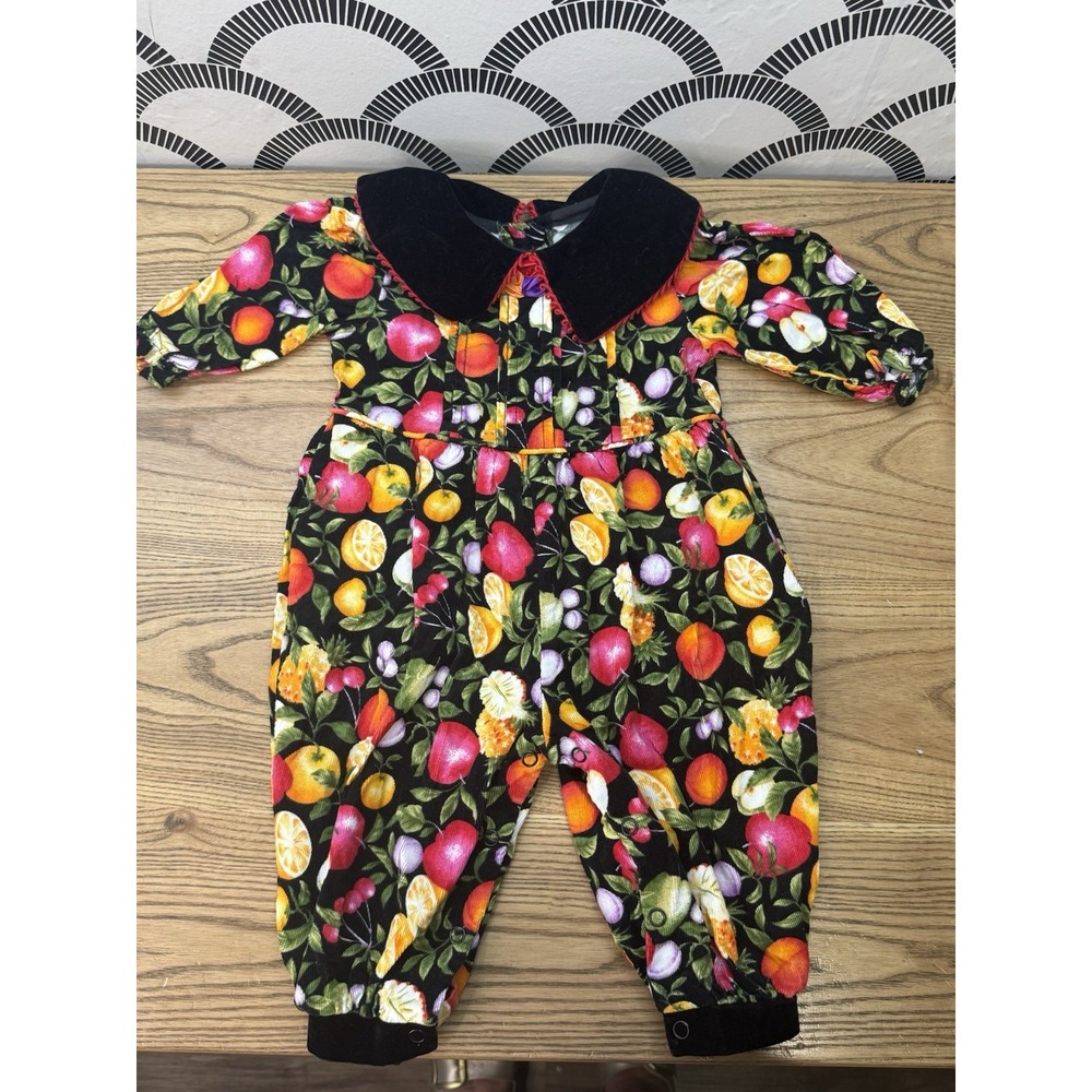 VTG Black Playclothes Corduroy Bubble Romper Sz 12M Collar Fruit Floral Jumpsuit